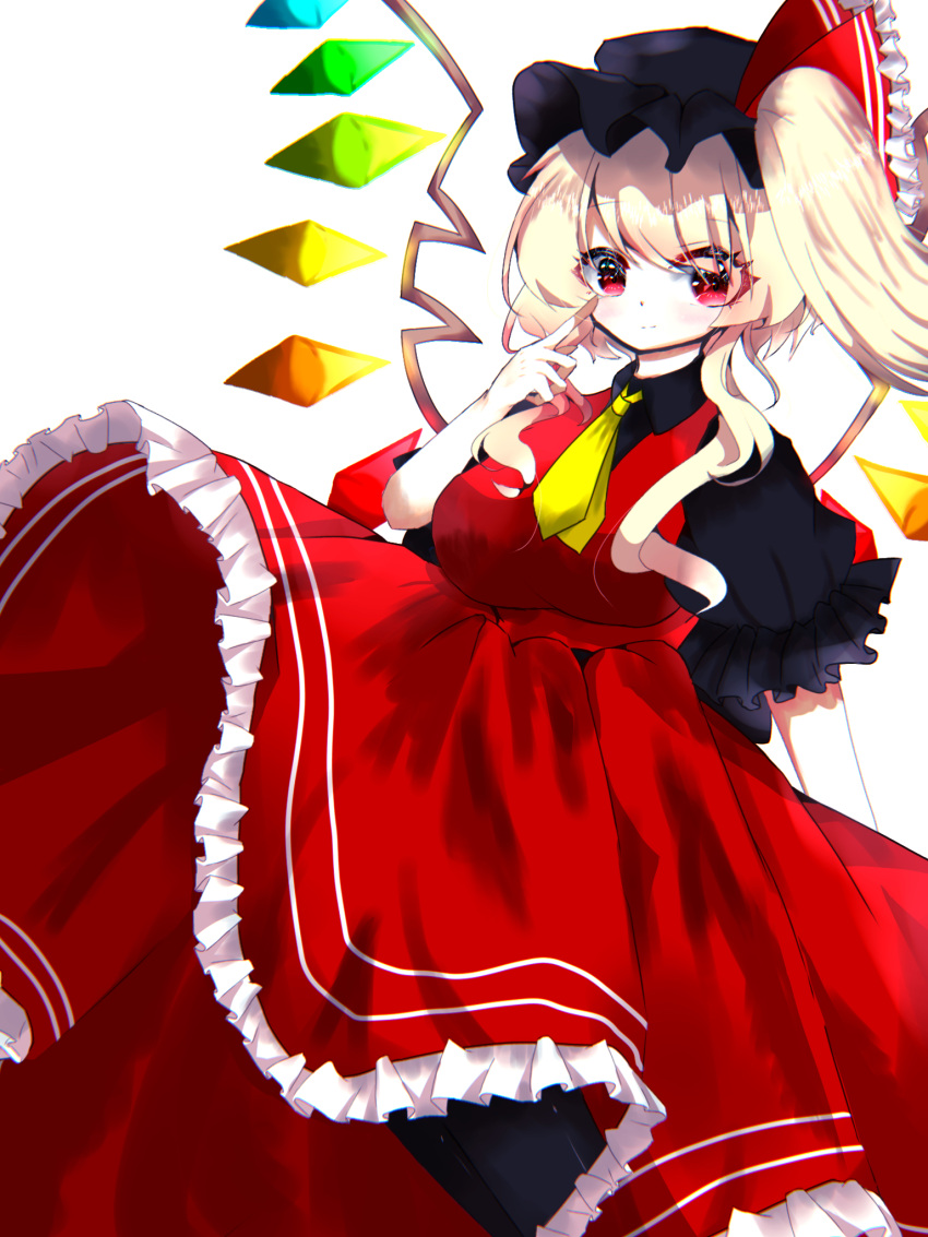 alternate_headwear black_headwear black_pantyhose black_shirt blonde_hair breasts closed_mouth feet_out_of_frame flandre_scarlet frilled_skirt frilled_sleeves frills highres light_smile long_hair long_skirt looking_at_viewer medium_breasts multicolored_wings necktie one_side_up pantyhose puffy_short_sleeves puffy_sleeves rainbow_order red_eyes red_skirt red_vest shirt short_sleeves skirt touhou user_jwtz7387 vest white_background wings yellow_necktie