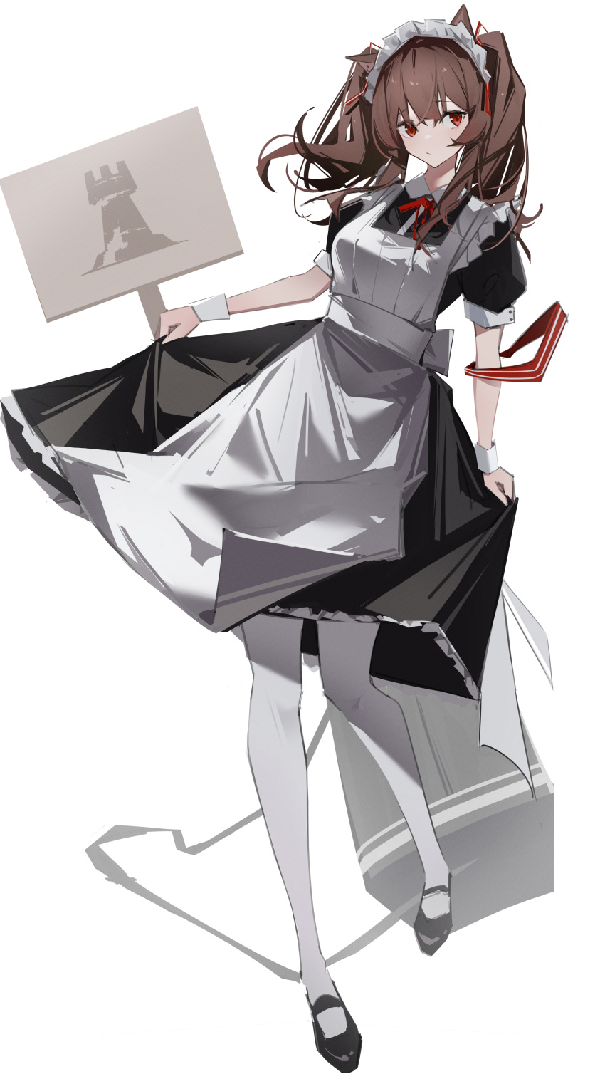 1girl absurdres alternate_costume angelina_(arknights) animal_ears apron arknights bare_shoulders black_dress black_footwear bow bowtie breasts brown_hair chichi_guai commentary dress fox_ears frown highres holding holding_clothes holding_sign holding_skirt looking_at_viewer maid maid_headdress mary_janes medium_breasts pantyhose red_bow red_eyes rhodes_island_logo shoes short_sleeves sign simple_background skirt solo twintails white_apron white_background white_pantyhose white_wrist_cuffs