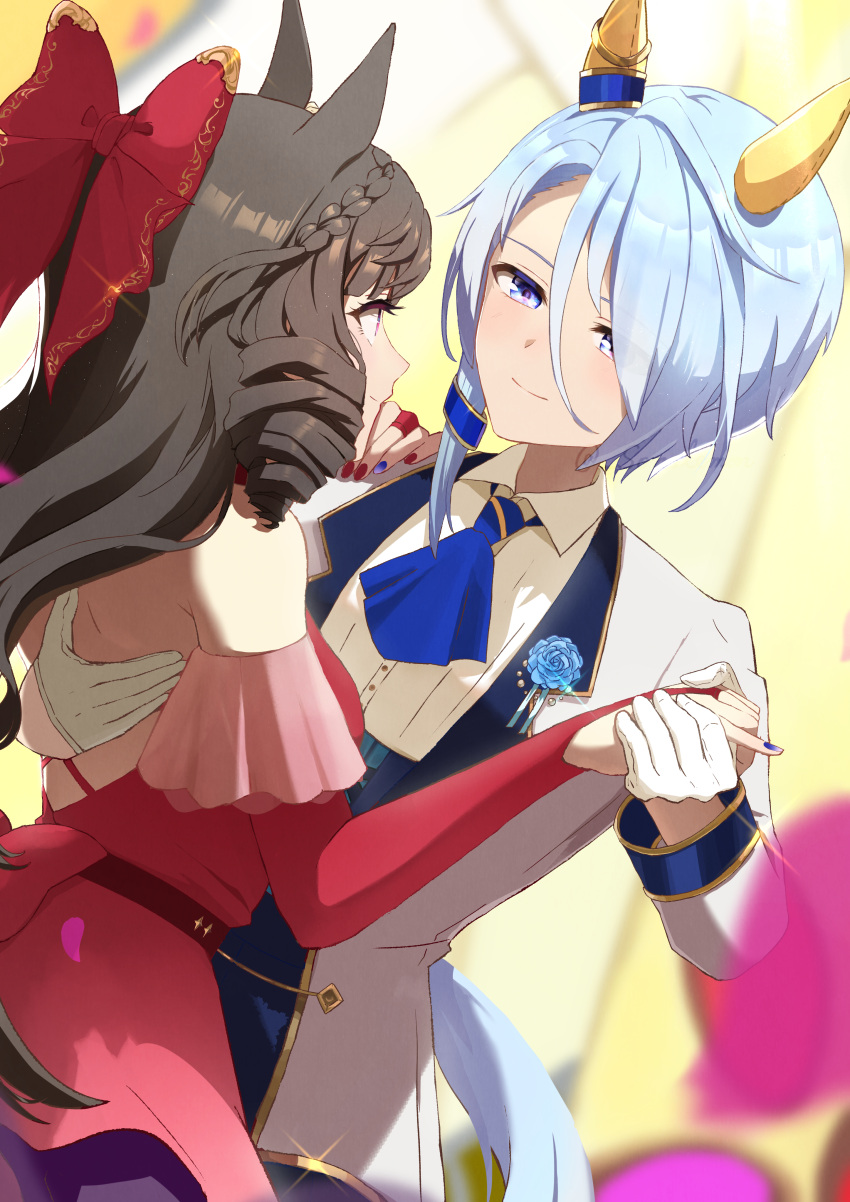 2girls absurdres animal_ears blue_eyes blue_hair blurry blurry_foreground bow brown_hair closed_mouth collared_shirt corsage daiichi_ruby_(umamusume) dancing dress drill_hair ear_covers eye_contact glint gloves hair_bow half_gloves hand_on_another's_back hand_on_another's_shoulder highres holding_hands horse_ears horse_girl horse_tail izu_lemon k.s.miracle_(umamusume) long_hair long_sleeves looking_at_another multiple_girls red_dress shirt short_hair smile tail umamusume upper_body white_gloves white_shirt yuri
