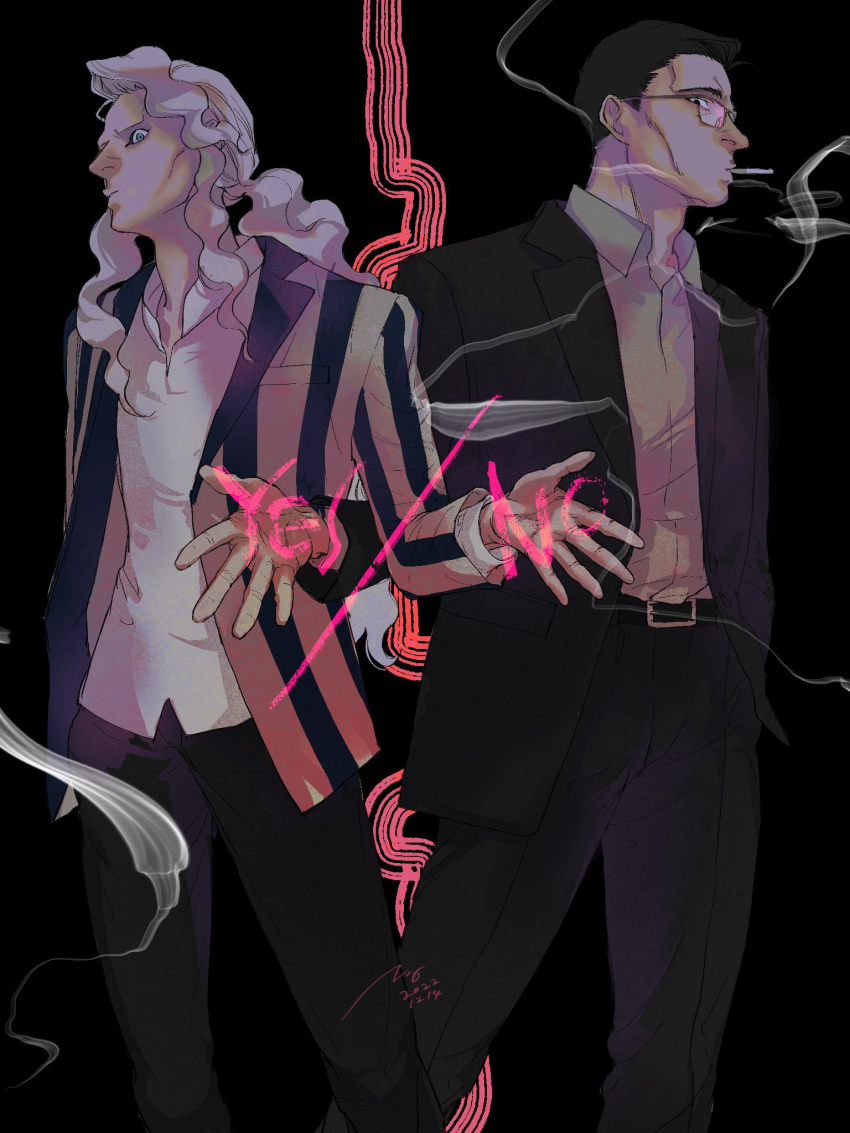 2boys almostghost black_background black_hair black_pants black_suit blonde_hair blue_eyes cigarette formal glasses hair_slicked_back highres hinrigh_biganduffno hunter_x_hunter ken'i_wang long_hair looking_at_viewer mafia male_focus multiple_boys no open_clothes open_hand pants shirt short_hair signature smoke smoking striped_suit suit white_shirt yes