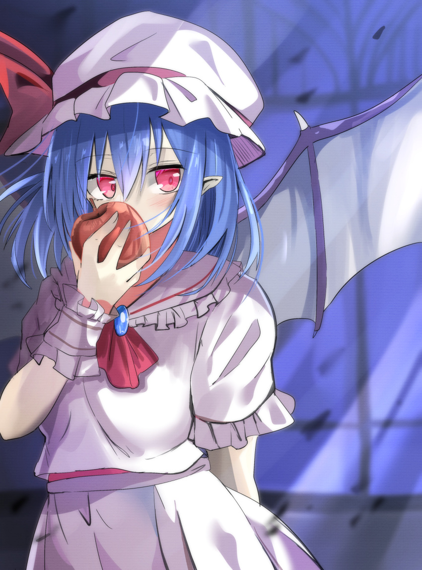 1girl absurdres apple ascot bat_wings blue_hair commentary cowboy_shot daru_(kumakumadon) food fruit hat hat_ribbon highres holding holding_food holding_fruit indoors looking_at_viewer medium_hair mob_cap pointy_ears red_apple red_ascot red_eyes red_ribbon remilia_scarlet ribbon shirt short_sleeves skirt solo touhou white_headwear white_shirt white_skirt window wings