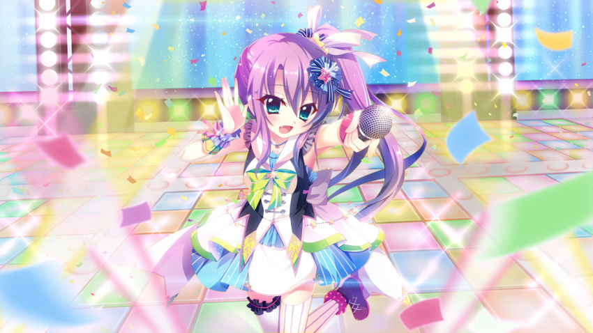 1girl armpits bead_necklace beads blue_eyes blue_skirt breasts brooch colored_lights confetti cross-laced_footwear dress fang floor_tiles frilled_wristband frills game_cg glint green_ribbon green_skirt hair_ornament hair_ribbon hair_scrunchie high_ponytail holding holding_microphone idol idol_clothes izumi_tsubasu jewelry layered_skirt leggings long_hair medium_breasts microphone multicolored_clothes multicolored_skirt necklace non-web_source official_art open_mouth pink_wristband polka_dot purple_footwear purple_hair purple_ribbon re:stage! ribbon scrunchie shoes short_dress skirt smile sparkle stage stage_lights standing standing_on_one_leg star_(symbol) star_brooch striped striped_thighhighs thigh-highs tsukisaka_sayu vertical-striped_leggings vertical-striped_thighhighs vertical_stripes very_long_hair white_leggings white_ribbon white_skirt wrist_cuffs zettai_ryouiki