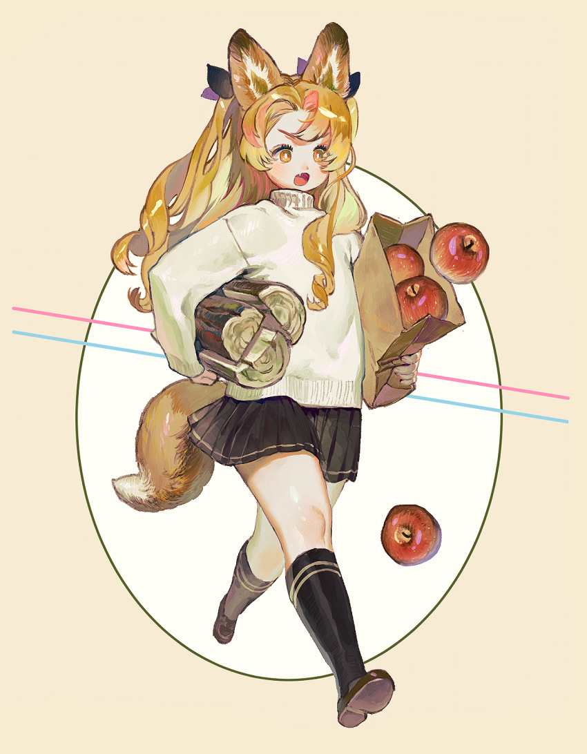 1girl animal_ears apple bag blonde_hair bow copyright_request fang food fox_ears fox_girl fox_tail fruit hair_bow half_updo highres holding holding_bag kneehighs log long_sleeves looking_ahead open_mouth orange_hair paper_bag parted_bangs pleated_skirt ringlets skirt socks solo sottan_(wowo0owow) sweater tail turtleneck turtleneck_sweater twintails walking