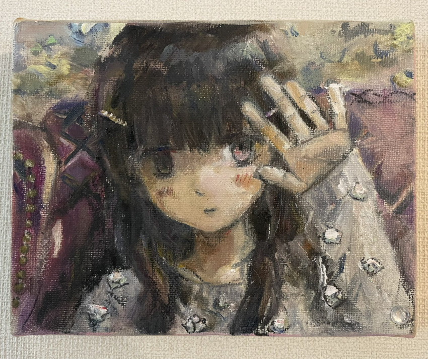 1girl black_hair closed_mouth grey_sweater hair_ornament hairclip hand_up highres light_blush long_hair long_sleeves looking_at_viewer oil_painting_(medium) original painting_(medium) photo_(medium) pink_eyes portrait solo sweater traditional_media zuz_zzzzu