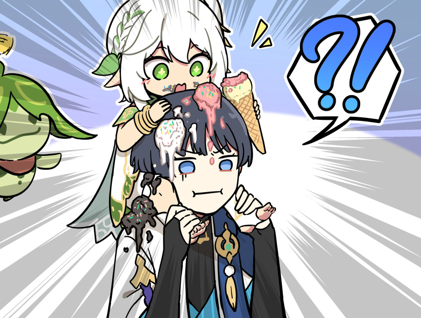 !? &gt;:( 1boy 1girl 1other arama_(genshin_impact) aranara_(genshin_impact) braid carrying closed_mouth commentary_request emphasis_lines female_child food food_on_face food_on_head frown genshin_impact gold_bracelet gradient_hair green_eyes green_hair heart highres ice_cream ice_cream_cone ice_cream_cone_spill multicolored_hair nahida_(genshin_impact) notice_lines object_on_head ooyun out_of_frame pointy_ears scaramouche_(genshin_impact) shoulder_carry side_ponytail single_braid stirrup_legwear symbol-shaped_pupils toeless_legwear twitter_username v-shaped_eyebrows wanderer_(genshin_impact)