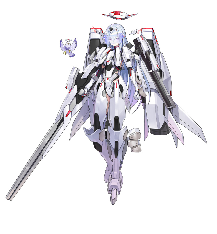 1girl absurdres arm_cannon armor arms_at_sides bird blue_hair expressionless full_body gun halo highres holding holding_gun holding_weapon holographic_interface long_hair looking_back mecha_musume mechanical_halo missile_pod mytea_(soso) original rifle solo very_long_hair violet_eyes weapon white_background