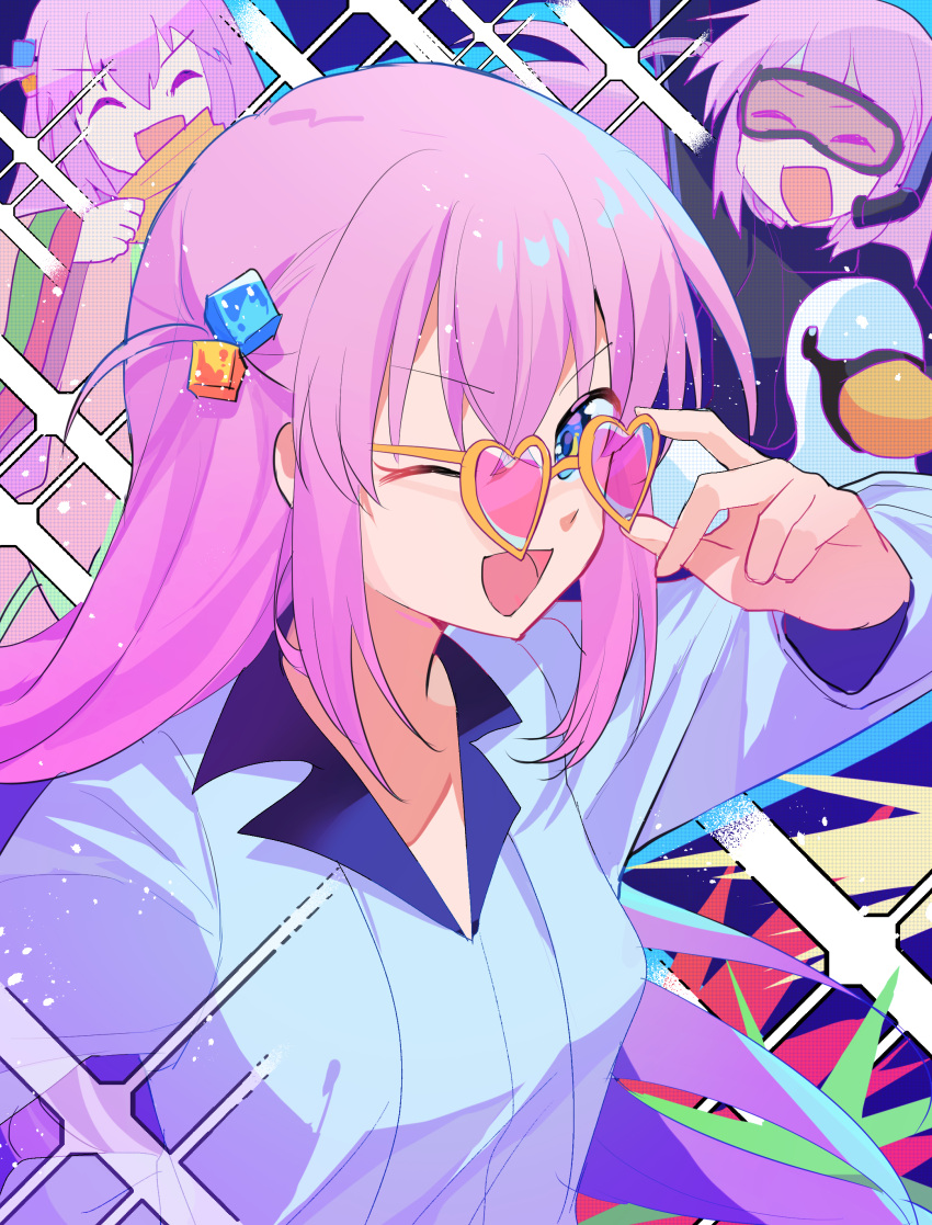 1girl absurdres akitsuki_(oenothera) arm_up blue_background blue_eyes blue_shirt bocchi_the_rock! breasts closed_eyes collared_shirt cube_hair_ornament gotou_hitori hair_between_eyes hair_ornament hand_fan hand_up heart heart-shaped_eyewear highres holding holding_fan japanese_clothes kimono long_hair long_sleeves looking_at_viewer medium_breasts multicolored_background one_eye_closed open_mouth pink_hair pink_kimono shirt sidelocks smile solo standing sunglasses swimsuit v-shaped_eyebrows wide_sleeves wing_collar