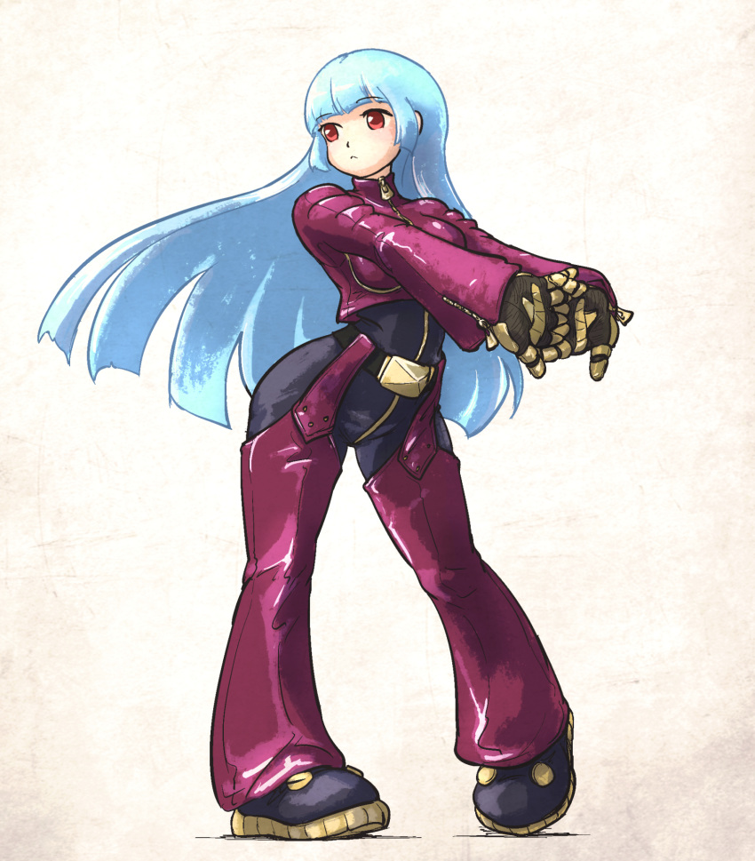1girl belt blue_hair bodysuit breasts full_body gloves highres hip_focus interlocked_fingers ironlily kula_diamond long_hair looking_to_the_side medium_breasts red_eyes simple_background the_king_of_fighters white_background zipper