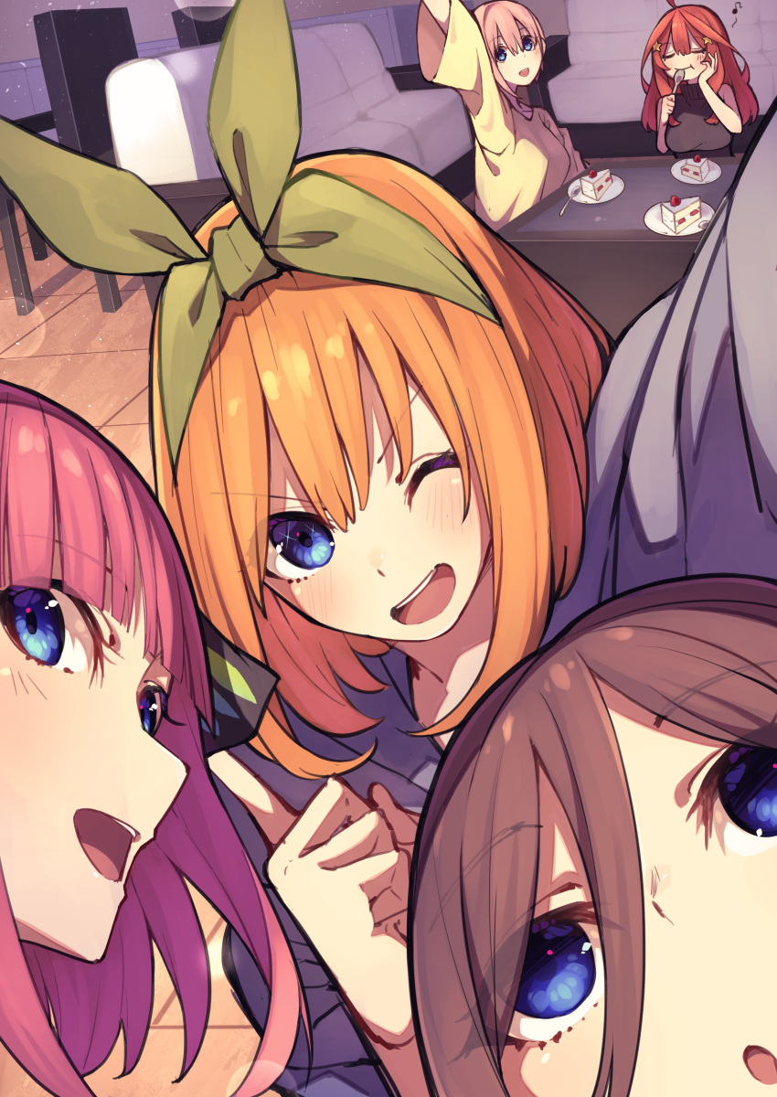 5girls :d :o absurdres birthday blue_eyes blunt_bangs blush brown_hair cake cake_slice casual clenched_hand closed_eyes closed_mouth commentary couch eating eyelashes eyes_visible_through_hair food foreshortening go-toubun_no_hanayome green_hairband green_ribbon hair_between_eyes hair_ornament hair_over_one_eye hair_ribbon hairband happy happy_birthday highres indoors lens_flare light_particles long_hair looking_at_viewer medium_hair multiple_girls musical_note nakano_ichika nakano_itsuki nakano_miku nakano_nino nakano_yotsuba nose one_eye_closed open_mouth orange_hair pink_hair redhead ribbon round_teeth selfie short_hair siblings sisters smile sparkling_eyes star_(symbol) star_hair_ornament table tamago_sando teeth twins upper_teeth_only v-shaped_eyebrows waving wide_sleeves