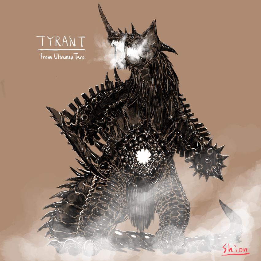 artist_name breath brown_background claws english_text fangs full_body highres horns kaijuu looking_to_the_side mace monochrome monster no_humans open_mouth pelvic_curtain scales sharp_teeth shion_humine simple_background solo spiked_mace spikes spines standing tail teeth tusks tyrant_(ultraman_tarou) ultra_series ultraman_tarou_(series) weapon