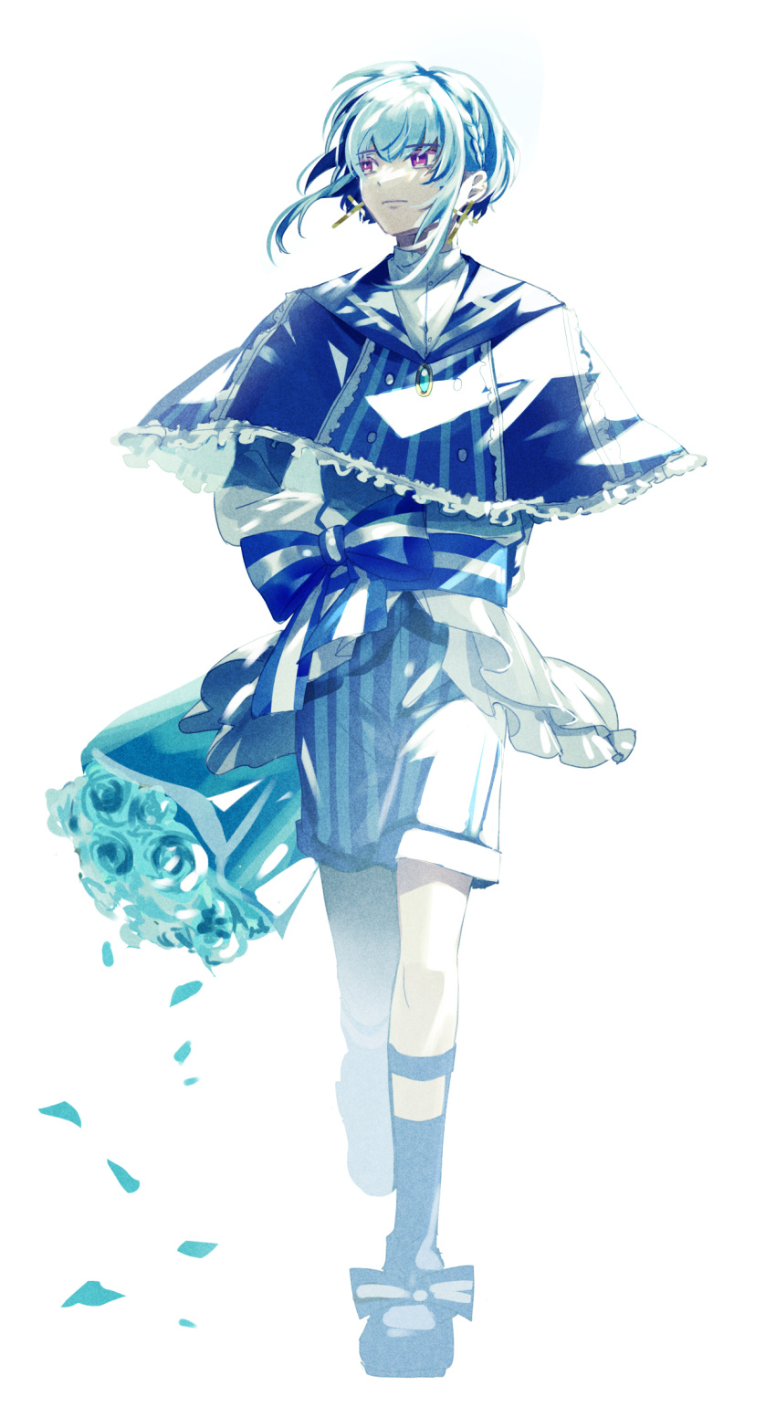 1boy akuma_shitsuji_to_kuroi_neko androgynous blue_capelet blue_flower blue_hair blue_rose blue_shorts bouquet braid capelet closed_mouth cross cross_earrings earrings expressionless flower flure_garcia highres holding holding_bouquet jewelry light_blue_hair long_sleeves looking_to_the_side male_focus rose shirt short_hair shorts solo user_kvxd4455 violet_eyes white_shirt