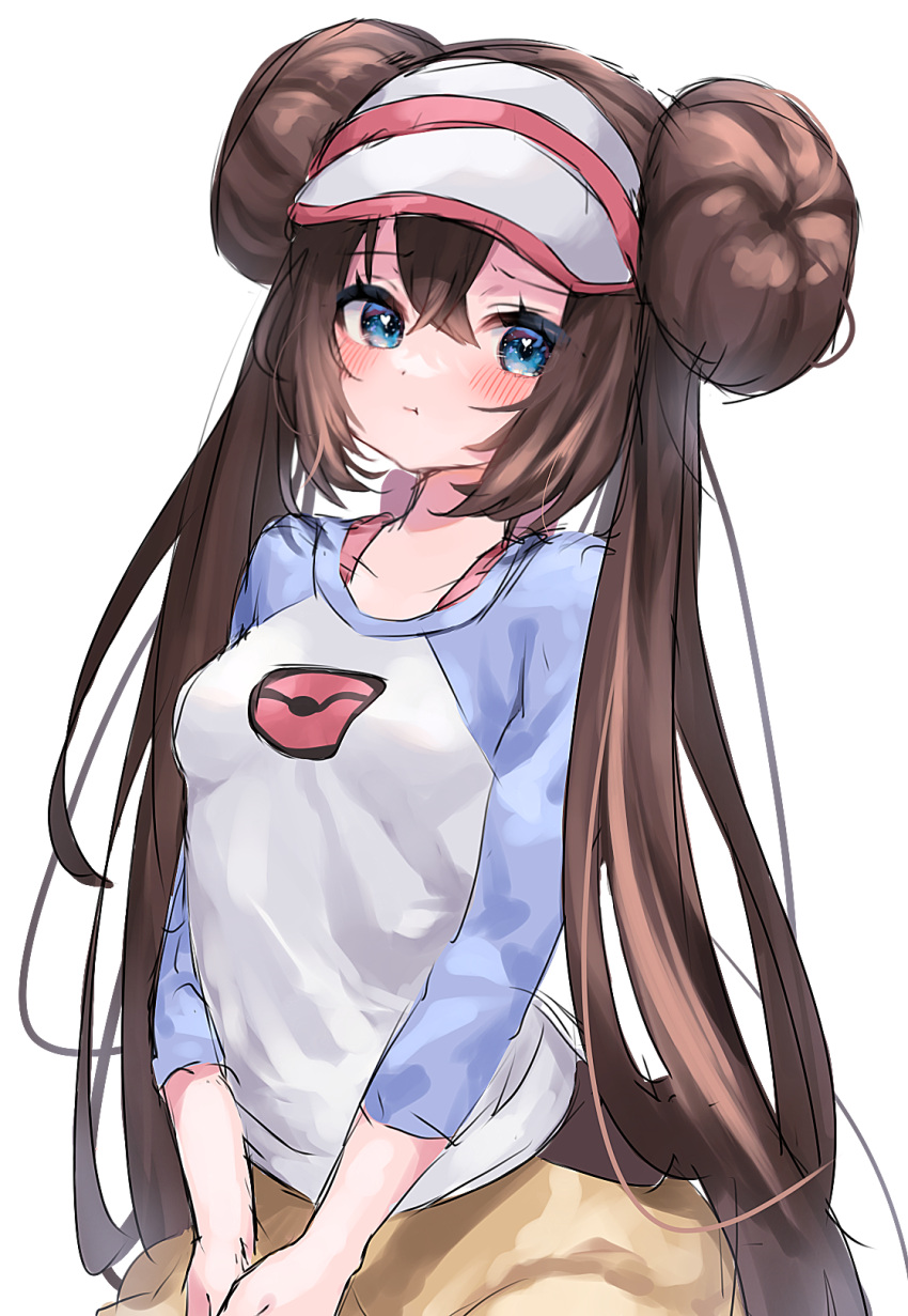 1girl :t blue_eyes blush breasts brown_hair buriburiman_tanaka commentary_request crossed_bangs double_bun doughnut_hair_bun hair_bun highres long_hair looking_at_viewer pokemon pokemon_(game) pokemon_bw2 pout raglan_sleeves rosa_(pokemon) shirt shorts sidelocks simple_background sketch sleeves_past_elbows solo twintails visor_cap white_background yellow_shorts