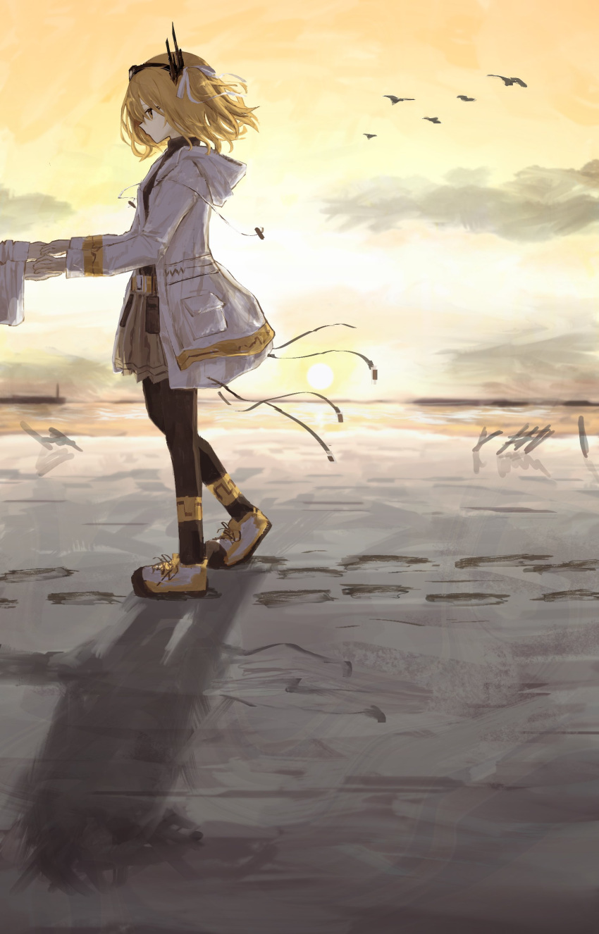 1boy 1girl a.i._voice absurdres adachi_rei beach belt belt_pouch bird black_hairband black_leggings black_shirt cable chikinkodo clouds expressionless floating_hair footprints from_side full_body grey_skirt hair_ribbon hairband headlamp highres holding_hands hood hood_down hooded_jacket horizon jacket leggings long_sleeves looking_at_another medium_hair ocean one_side_up open_clothes open_jacket orange_belt orange_eyes orange_hair orange_sky out_of_frame outdoors pleated_skirt pouch profile radio_antenna ribbon sand shadow shirt shoes skirt sky sneakers solo_focus sun sunset turtleneck utau walking white_jacket white_ribbon wide_sleeves
