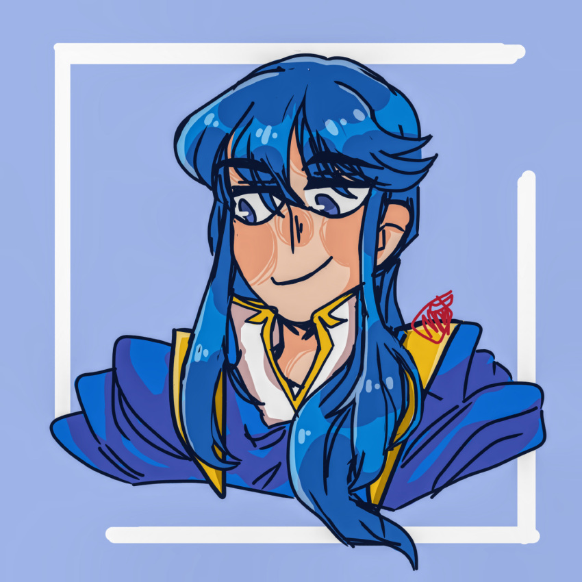 1boy blue_eyes blue_hair blue_shirt collar fire_emblem fire_emblem:_genealogy_of_the_holy_war fire_emblem_heroes highres large_ears long_sideburns looking_to_the_side m0rb1d ponytail seliph_(fire_emblem) shirt sideburns simple_background smile thick_eyebrows