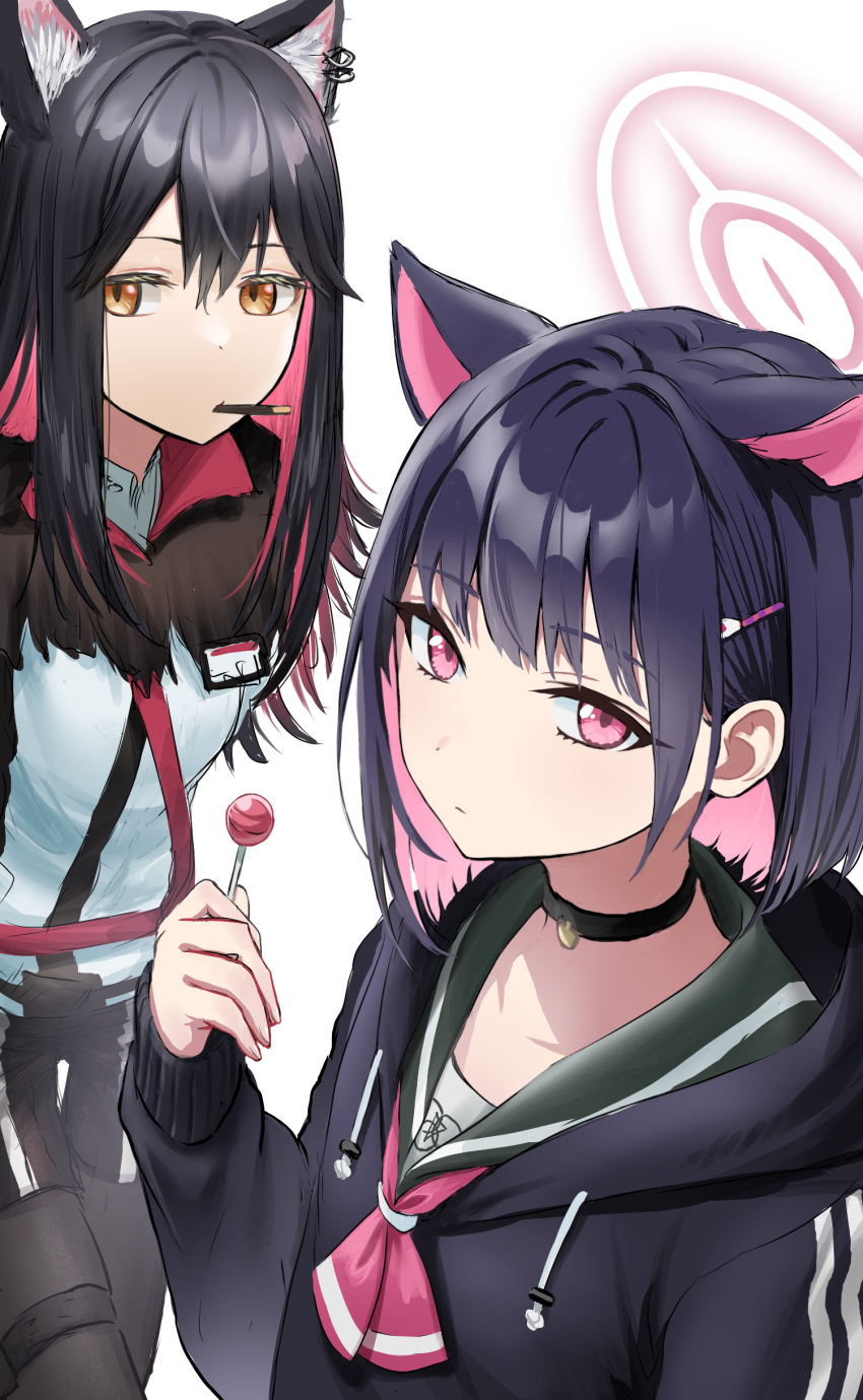 2girls absurdres animal_ear_fluff animal_ears arknights black_choker black_hair black_pantyhose black_shorts black_sweater blue_archive brown_eyes candy cat_ears cat_girl choker chupa_chups collarbone colored_inner_hair crossover earrings extra_ears food food_in_mouth hair_ornament hairclip halo highres holding holding_food hood hooded_sweater jewelry kazusa_(blue_archive) landl lollipop multicolored_hair multiple_girls pantyhose pendant_choker pocky short_shorts shorts sweater texas_(arknights) trait_connection two-tone_hair violet_eyes white_background wolf_ears wolf_girl