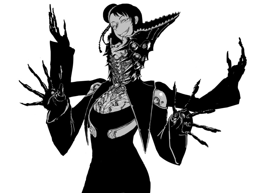 1girl android bare_shoulders claws cowboy_shot extra_arms greyscale hands_up high_collar long_neck long_sleeves looking_at_viewer monochrome open_mouth original sharp_teeth shion_humine short_hair simple_background smug solo standing teeth white_background wide_sleeves