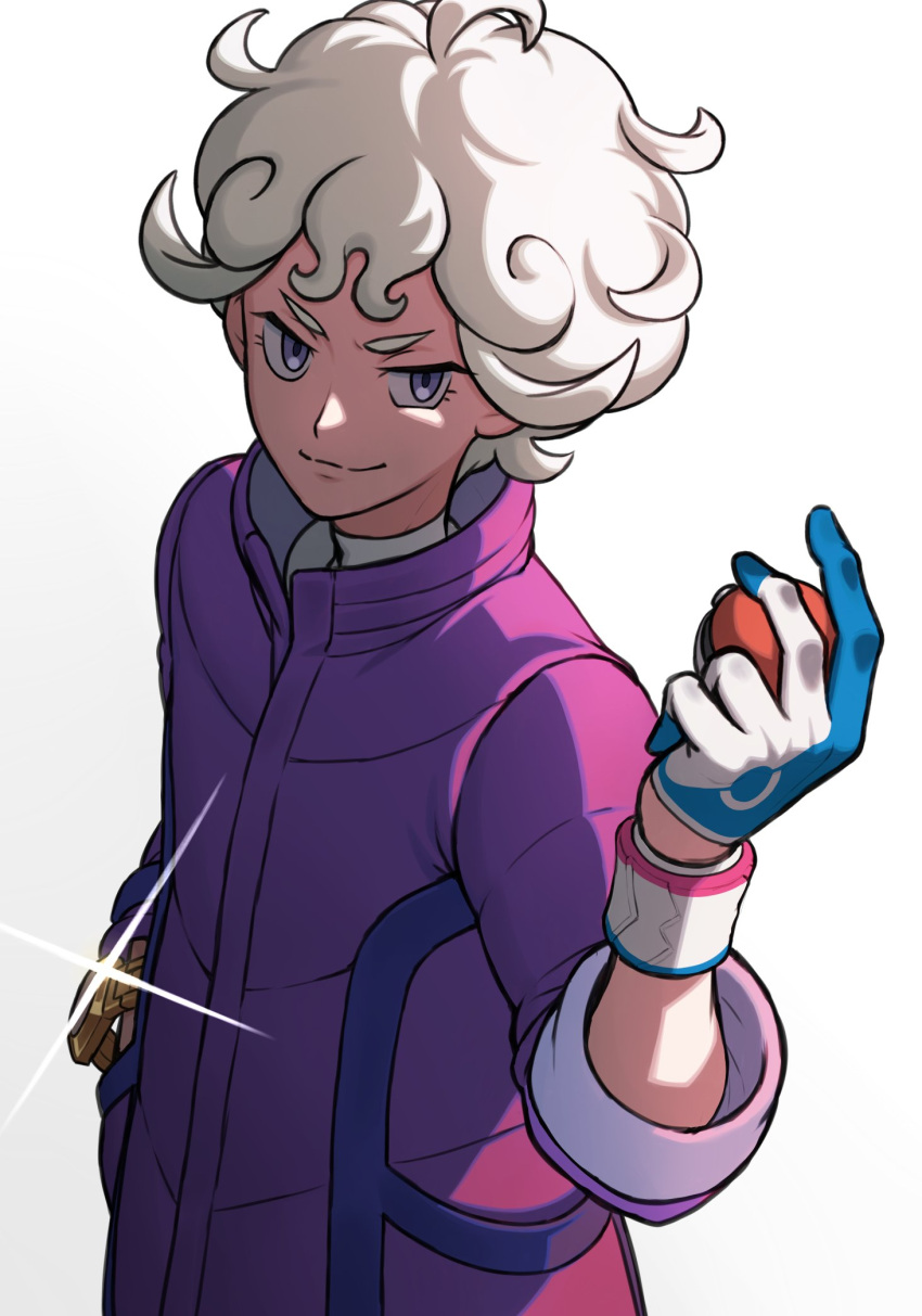 1boy ahoge bede_(pokemon) bite_addict blonde_hair closed_mouth coat commentary_request curly_hair dynamax_band gloves grey_eyes hand_up highres holding holding_poke_ball male_focus poke_ball poke_ball_(basic) pokemon pokemon_(game) pokemon_swsh purple_coat shirt short_hair simple_background single_glove smile solo split_mouth watch watch white_background white_shirt