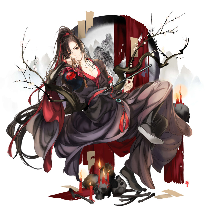 1boy bishounen black_footwear black_hair black_robe bone boots branch candle chinese_clothes closed_mouth collarbone commentary_request dizi fire flame flute hair_ribbon hand_up hanfu high_ponytail highres holding holding_instrument hori_airi instrument jar long_hair long_sleeves looking_at_viewer male_focus mo_dao_zu_shi paper parted_bangs ponytail red_eyes red_ribbon ribbon robe sash sidelocks simple_background skull smile solo tassel very_long_hair wei_wuxian white_background wide_sleeves