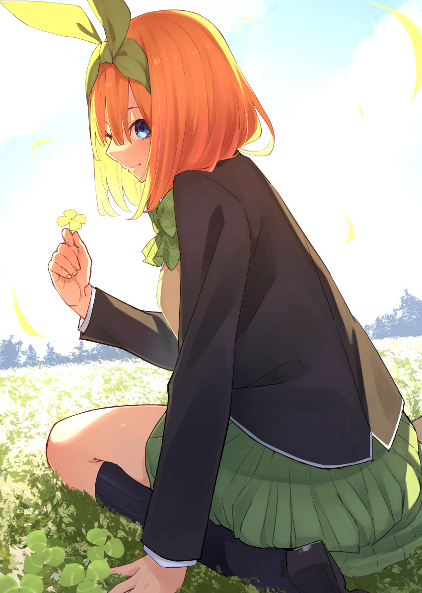 1girl absurdres arm_support black_jacket black_socks blue_eyes blue_sky blurry bow brown_footwear closed_mouth clouds clover commentary day depth_of_field eyebrows_hidden_by_hair falling_leaves feet_out_of_frame fingernails four-leaf_clover go-toubun_no_hanayome grass green_bow green_hairband green_ribbon green_skirt hair_between_eyes hair_over_shoulder hair_ribbon hairband hand_up highres holding_clover jacket leaf leaning_forward light_blush long_sleeves looking_at_viewer medium_hair miniskirt nakano_yotsuba nose orange_hair outdoors perspective plaid plaid_bow pleated_skirt profile ribbon school_uniform sidelighting sideways_glance sitting skirt sky smile socks solo sunlight sweater_vest tamago_sando wariza yellow_sweater_vest