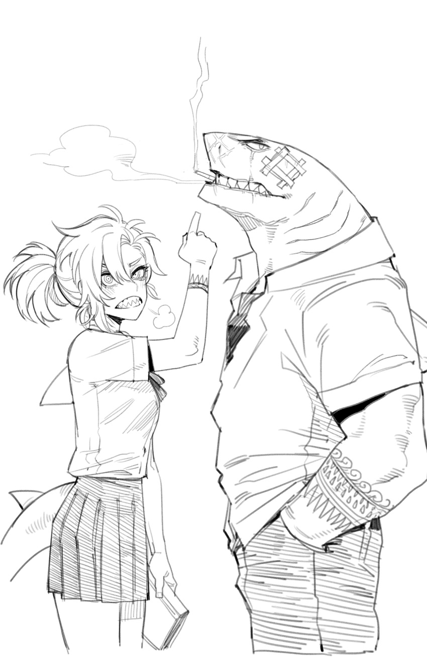 1boy 1girl book cigarette collared_shirt fins fish_tail furry furry_male greyscale grin hair_between_eyes hand_in_pocket highres holding holding_book miniskirt monochrome muscular muscular_male original pleated_skirt pointing pointing_at_another ponytail ratatatat74 school_uniform shark_boy shark_tail sharp_teeth shirt short_sleeves skirt smile smoking tail teeth