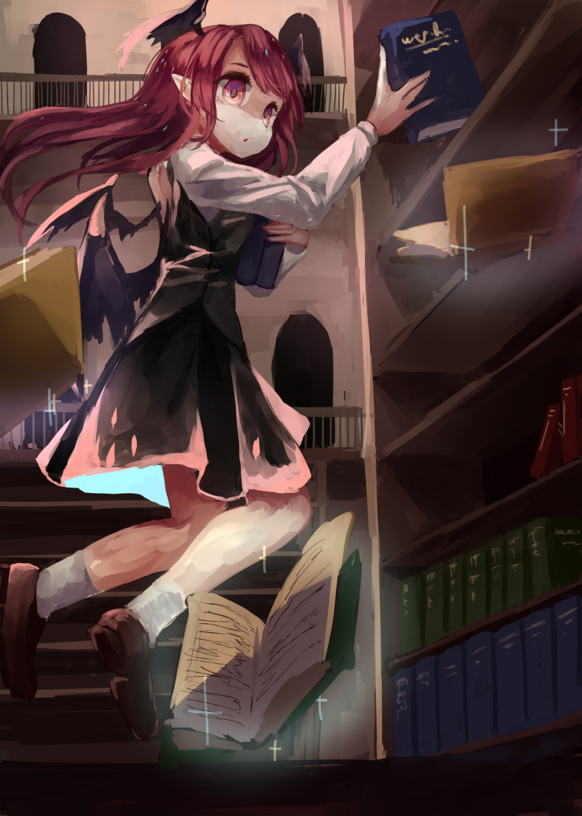 1girl absurdres bat_wings black_skirt black_vest book book_stack bookshelf brown_footwear flying from_side full_body head_wings highres holding holding_book ijen_(ljenejl) indoors koakuma library long_hair long_sleeves looking_at_viewer looking_to_the_side open_book pointy_ears red_eyes redhead shirt shoes skirt socks solo touhou vest voile white_shirt white_socks wings