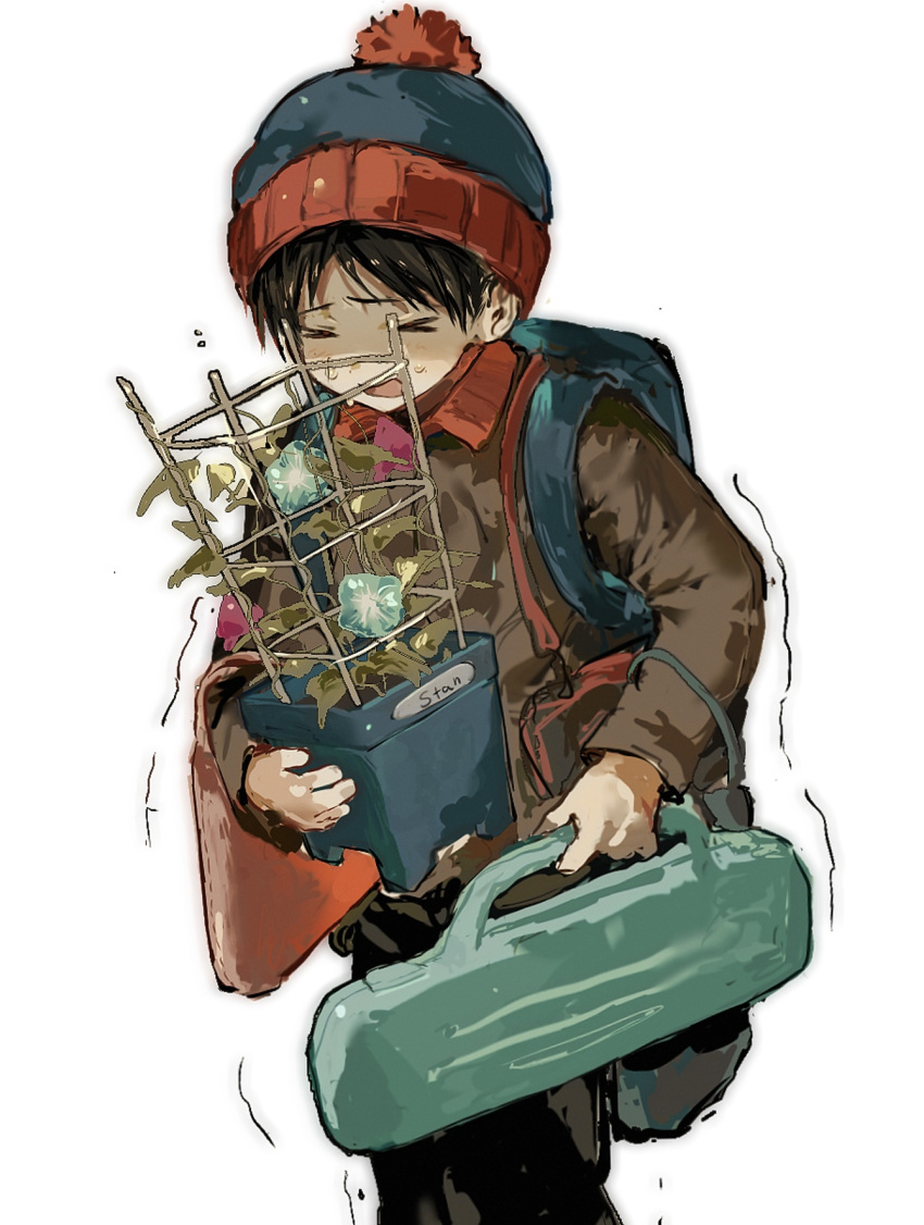 1boy animification backpack bag beanie black_hair brown_jacket closed_eyes flower hat highres holding_case holding_flower_pot jacket male_child male_focus ooomigo11 open_mouth solo south_park stan_marsh white_background