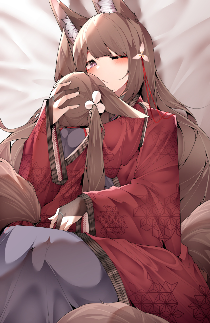 2girls age_difference aged_down amagi-chan_(azur_lane) amagi_(azur_lane) animal_ear_fluff animal_ears azur_lane bed_sheet blush bridal_gauntlets brown_tail commentary dated_commentary dual_persona fox_ears fox_tail gloves hair_ornament hand_on_another's_head hand_on_another's_shoulder highres hug japanese_clothes kimono long_hair looking_at_viewer lying multiple_girls on_back red_kimono samip tail tree very_long_hair violet_eyes window