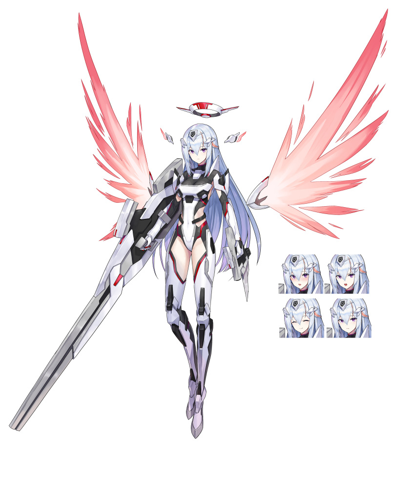 1girl absurdres angry arms_at_sides blue_hair blush bodysuit breasts covered_navel dual_wielding energy_wings expressionless expressions full_body gun halo handgun happy highres holding holding_gun holding_weapon long_hair looking_at_viewer mecha_musume mechanical_halo medium_breasts mytea_(soso) original rifle sad smile solo very_long_hair violet_eyes weapon white_background