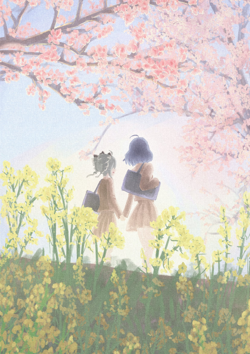 2girls :d ahoge bag blue_hair blue_sky branch bronya_zaychik brown_shirt brown_skirt character_request commentary_request day drill_hair facing_away flower from_behind grey_hair highres holding_hands honkai_(series) honkai_impact_3rd multiple_girls outdoors pink_flower pleated_skirt school_bag school_uniform shirt skirt sky smile toa_(houkai3_toa) twin_drills twintails walking yellow_flower