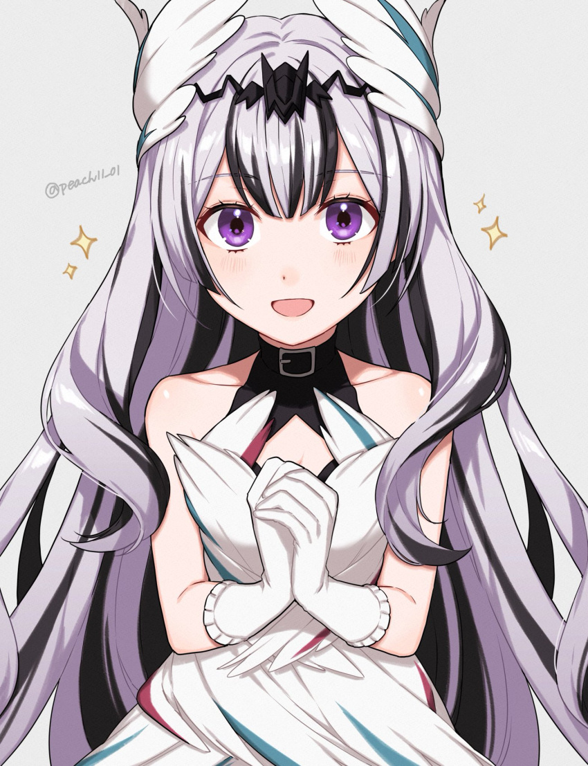 black_hair blush collar crossed_arms dress duplicate feather_hair_ornament feathered_wings feathers fire_emblem fire_emblem_engage gloves hair_ornament highres long_hair multicolored_hair peach11_01 petite smile two-tone_hair very_long_hair violet_eyes white_dress white_gloves white_hair wings