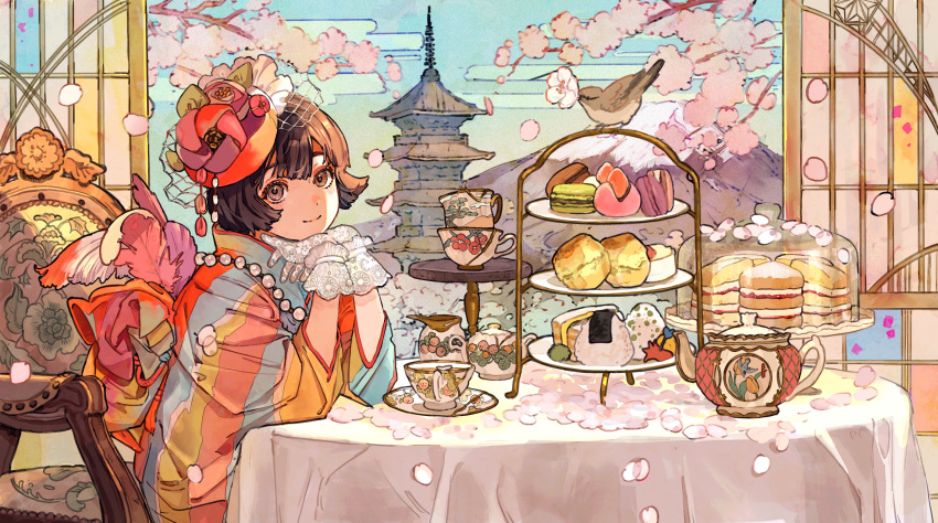 1girl absurdres animal bird blue_sky branch brown_eyes brown_hair closed_mouth commentary_request cup day egasumi flower food gloves highres japanese_clothes kimono long_sleeves looking_at_viewer macaron onigiri original petals pink_flower qooo003 saucer sky smile solo spring_(season) striped striped_kimono table teacup teapot tiered_tray tower vertical-striped_kimono vertical_stripes white_flower white_gloves wide_sleeves