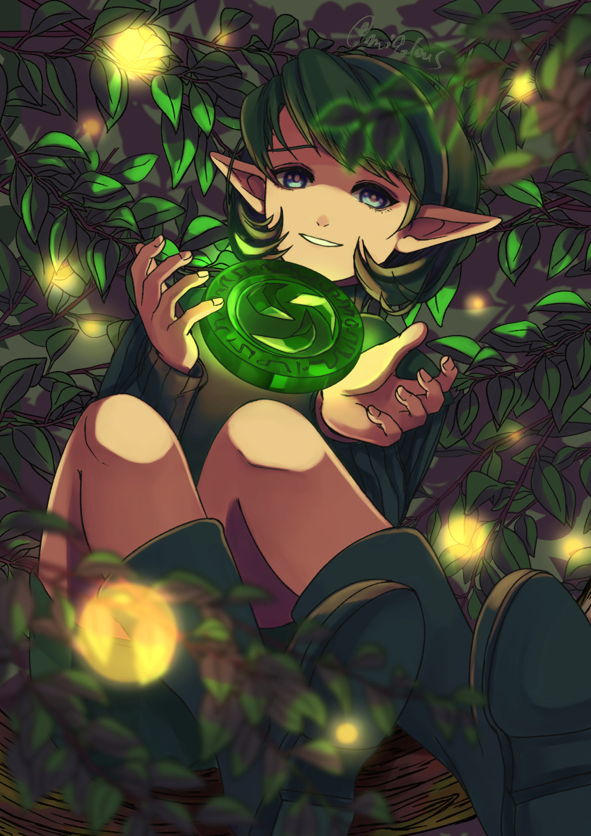 1girl absurdres blue_eyes blurry boots branch depth_of_field floating foliage forest_medallion green_footwear green_hair green_sweater hairband highres holding leaf light_particles long_sleeves lying mi9clous on_back ponytail saria_(the_legend_of_zelda) short_hair signature smile solo sweater swept_bangs the_legend_of_zelda the_legend_of_zelda:_ocarina_of_time