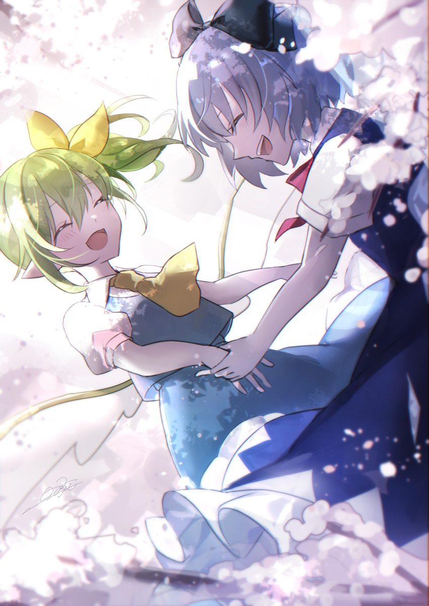 2girls absurdres ascot blue_bow blue_dress blue_hair blue_skirt blue_vest blush bow cherry_blossoms cirno closed_eyes collared_shirt daiyousei dress fairy fairy_wings green_hair hair_between_eyes hair_bow highres ice ice_wings long_hair multiple_girls open_mouth pointy_ears puffy_short_sleeves puffy_sleeves rokuya_(68_zusao) shirt short_hair short_sleeves side_ponytail skirt smile spring_(season) touhou vest white_shirt wings yellow_ascot