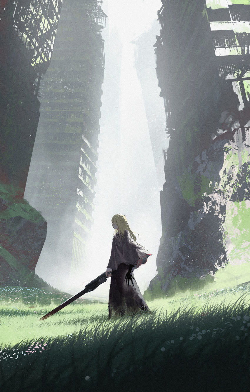 1girl abandoned absurdres asteroid_ill blonde_hair blurry blurry_foreground building city covered_eyes dress facing_to_the_side fog grass highres holding holding_sword holding_weapon long_hair looking_ahead moss nature original outdoors overgrown post-apocalypse prosthetic_hand purple_dress purple_shawl rubble ruins scenery shaded_face shadow shawl silhouette sky skyscraper solo sunlight sword walking weapon wind