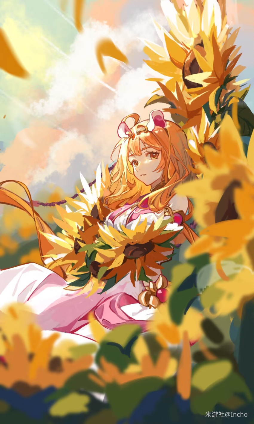 1girl @_(symbol) arabian_clothes artist_name bear_hair_ornament chinese_commentary chinese_text day flower hair_ornament highres honkai_(series) honkai_impact_3rd incho long_hair orange_eyes orange_hair outdoors parted_lips solo sunflower susannah_(honkai_impact) susannah_(valkyrie_quicksand) upper_body very_long_hair