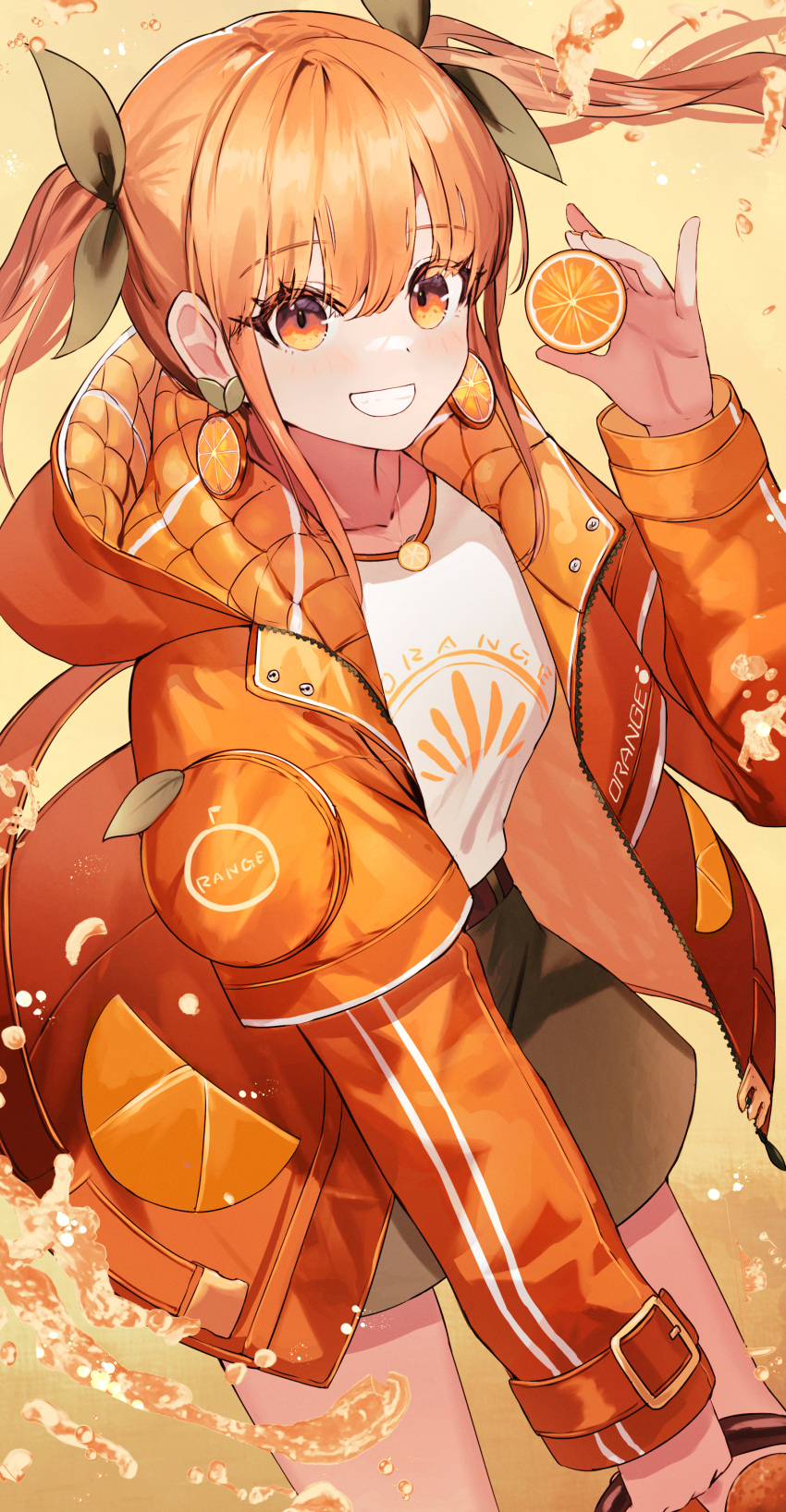 1girl absurdres dolce_(dolsuke) earrings fashion food food-themed_earrings fruit highres hood hoodie jacket jewelry looking_at_viewer orange-shaped_earrings orange_(fruit) orange_eyes orange_hair orange_jacket orange_juice orange_theme original shirt smile solo twintails upper_body white_shirt