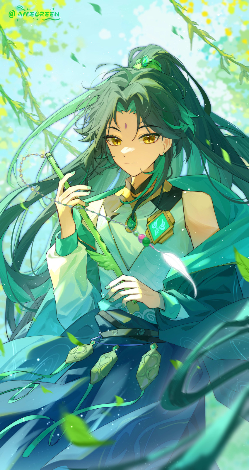 1boy absurdres alternate_hairstyle closed_mouth flute genshin_impact green_hair green_nails highres instrument male_focus multicolored_hair solo suzushi vision_(genshin_impact) xiao_(genshin_impact) yellow_eyes