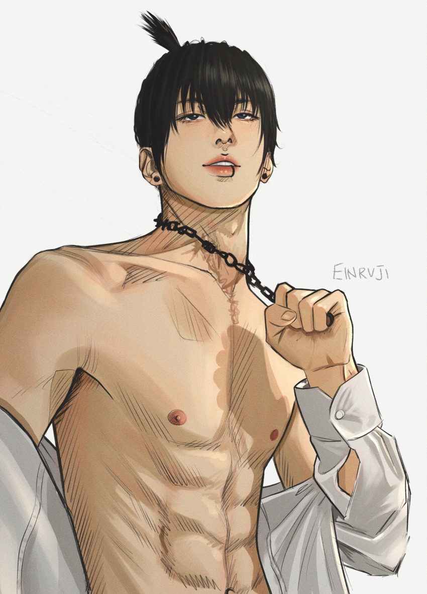 1boy abs artist_name black_eyes black_hair chain chain_necklace chainsaw_man collared_shirt ear_piercing earrings einruji hayakawa_aki highres jewelry lip_piercing long_sleeves looking_ahead male_focus necklace nipples open_clothes parted_lips piercing shirt short_hair simple_background solo stud_earrings topknot upper_body white_background white_shirt