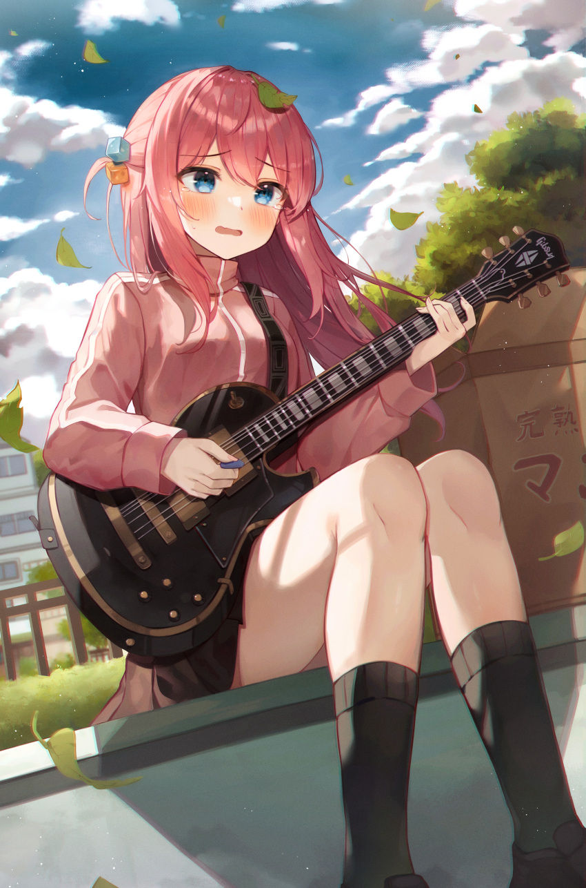 1girl absurdres black_skirt black_socks blue_eyes blush bocchi_the_rock! clouds cloudy_sky cube_hair_ornament day electric_guitar gotou_hitori guitar hair_between_eyes hair_ornament haneiro highres holding holding_instrument instrument jacket leaf long_hair long_sleeves music one_side_up open_mouth outdoors pink_hair pink_jacket playing_instrument pleated_skirt plectrum sitting skirt sky socks solo tears track_jacket tree