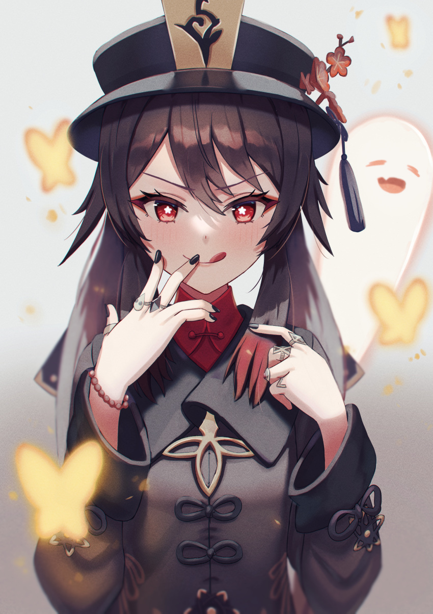 1girl black_nails blush boo_tao_(genshin_impact) brown_hair chinese_clothes desire_(tbot7) flower-shaped_pupils genshin_impact hat hat_ornament highres hu_tao_(genshin_impact) jewelry looking_at_viewer porkpie_hat red_eyes red_shirt ring shirt symbol-shaped_pupils tongue tongue_out white_background