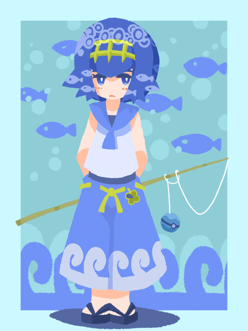 1girl animal_print arms_behind_back blue_background blue_border blue_eyes blue_footwear blue_hair blue_one-piece_swimsuit blue_pants blue_sailor_collar blue_theme border bright_pupils bubble commentary_request dive_ball fish fish_print fishing_rod flat_chest full_body hair_flaps hairband highres holding holding_fishing_rod kurashina_(krsn_poke324) lana_(pokemon) legs_together looking_to_the_side no_lineart one-piece_swimsuit open_mouth outside_border pants partial_commentary pokemon pokemon_(game) pokemon_sm sailor_collar sandals shirt short_hair sidelocks sleeveless sleeveless_shirt solo standing swimsuit swimsuit_under_clothes white_pupils white_shirt yellow_hairband
