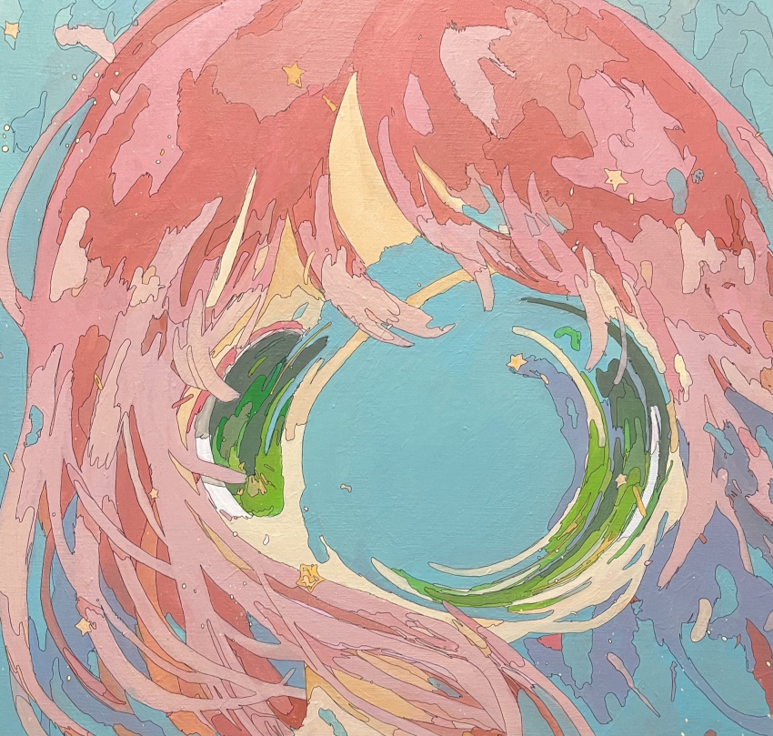 1girl acrylic_paint_(medium) blue_background close-up dissolving green_eyes highres hole_in_face long_hair original painting_(medium) pink_hair samehoshi solo star_(symbol) surreal traditional_media