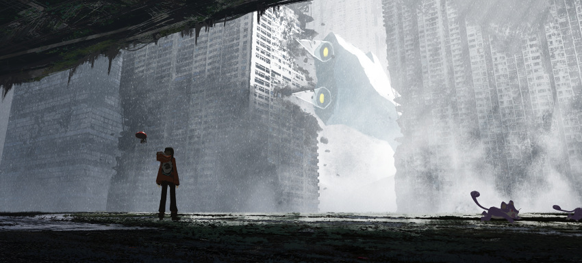 1girl abandoned asteroid_ill black_pants brown_footwear building city day fog highres hood hood_down hooded_jacket jacket looking_ahead moss orange_jacket outdoors overgrown pants pokemon post-apocalypse rattata ruins scenery shadow shoes skyscraper standing very_wide_shot