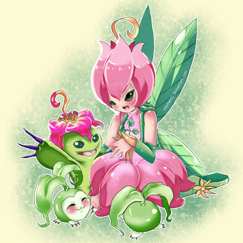 blush closed_eyes digimon digimon_(creature) green_background highres lillymon memainc monster_girl no_humans open_mouth palmon plant_girl plant_monster simple_background tanemon web_address