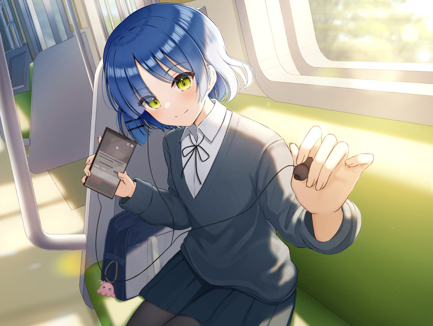 1girl absurdres bag bag_charm black_pantyhose blue_hair blush bocchi_the_rock! cardigan cellphone charm_(object) closed_mouth collared_shirt commentary_request earphones gotou_hitori_(octopus) green_eyes hair_ornament hairclip highres holding holding_earphones holding_phone long_sleeves looking_at_viewer neck_ribbon pantyhose phone pleated_skirt ribbon school_bag school_uniform shimokitazawa_high_school_uniform shirt short_hair single_earphone_removed sitting skirt smartphone smile solo white_shirt yamada_ryou yukiunag1