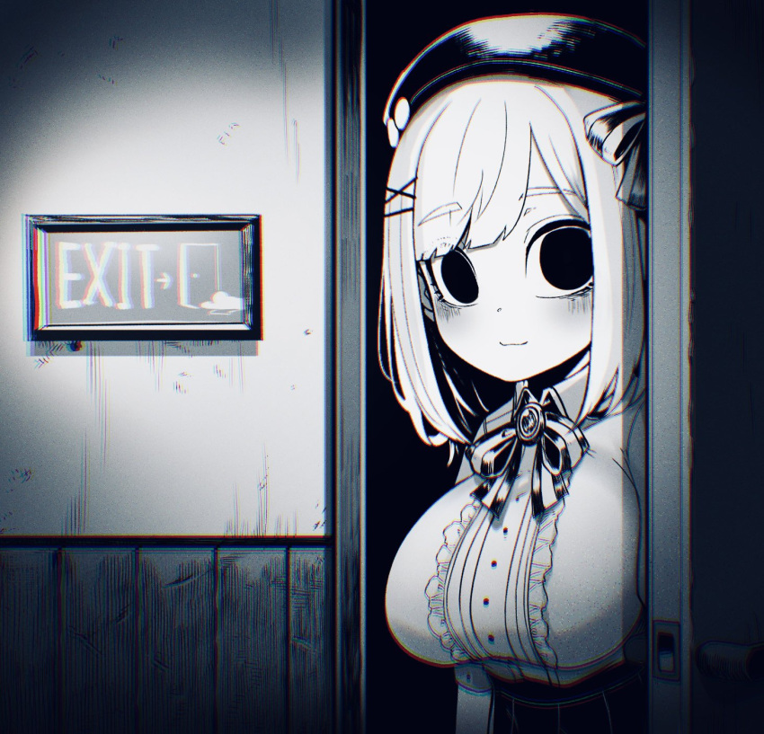 1girl :3 alternate_costume asymmetrical_bangs asymmetrical_hair beret black_eyes black_skirt blurry blush bow breasts brooch buttons cardigan_removed center_frills chromatic_aberration closed_mouth collared_shirt commentary dark darkness door door_handle dot_nose exit_sign facing_away film_grain frilled_shirt frills hair_bow hair_ornament hat hat_pin hatching_(texture) hatyuuruinohito high-waist_skirt highres horror_(theme) jacket jacket_removed jewelry large_breasts light looking_at_viewer looking_to_the_side medium_hair monochrome nijisanji opening opening_door parted_bangs pleated_skirt puffy_short_sleeves puffy_sleeves raised_eyebrows shirt short_sleeves skirt smile solid_circle_pupils solo striped striped_bow striped_skirt suzuhara_lulu sweater_removed two-tone_bow virtual_youtuber wall white_shirt wide-eyed wing_collar x_hair_ornament