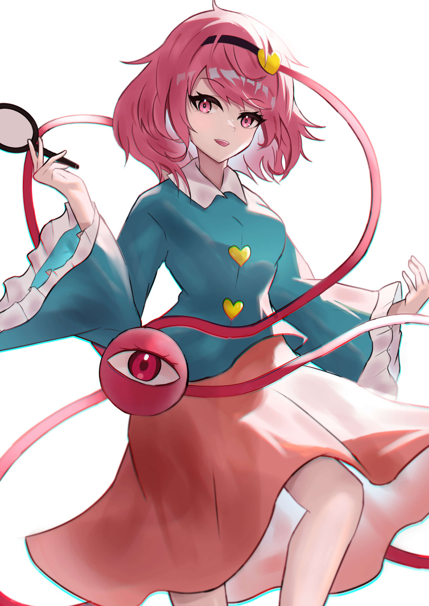1girl absurdres black_hairband blouse blue_shirt buttons chirihouki chromatic_aberration eyeball frilled_shirt_collar frilled_sleeves frills hair_ornament hairband heart heart_button heart_hair_ornament heart_of_string highres komeiji_satori long_sleeves looking_at_viewer open_mouth pink_eyes pink_hair pink_skirt shirt skirt smile solo third_eye touhou white_background wide_sleeves