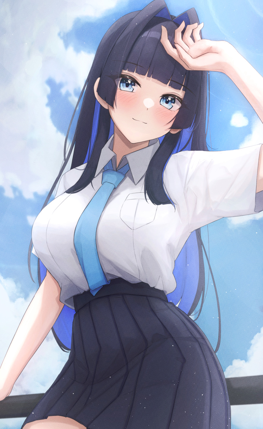 1girl absurdres black_hair blue_eyes blue_hair blush breasts hair_intakes high-waist_skirt highres hololive hololive_english large_breasts long_hair looking_at_viewer mofu07519 multicolored_hair necktie ouro_kronii outdoors pleated_skirt school_uniform shirt short_sleeves skirt solo virtual_youtuber