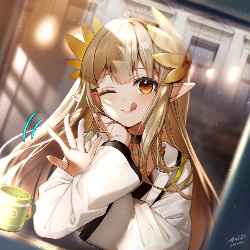 1girl ;q arknights black_choker blunt_bangs blush brown_eyes brown_hair choker closed_mouth coffee_mug cup dutch_angle elf hand_on_own_cheek hand_on_own_face highres laurel_crown long_hair long_sleeves looking_at_viewer mole mole_under_eye motion_lines muelsyse_(arknights) mug one_eye_closed pointy_ears sallyzaemon sign smile solo tongue tongue_out upper_body very_long_hair waving