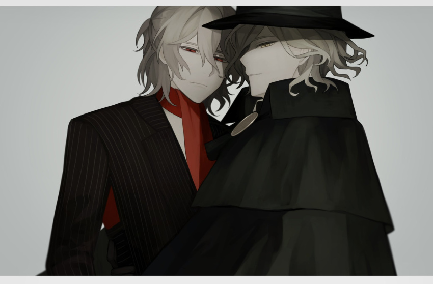 2boys antonio_salieri_(fate) antonio_salieri_(second_ascension)_(fate) ascot black_cloak black_headwear black_jacket border cloak closed_mouth cross-shaped_pupils edmond_dantes_(fate) expressionless fate/grand_order fate_(series) grey_background grey_hair hair_between_eyes half_updo hat highres jacket letterboxed looking_at_viewer male_focus multiple_boys parted_lips pinstripe_jacket pinstripe_pattern profile red_ascot red_eyes shirt short_hair sideways_glance simple_background striped suit_jacket sumi_(gfgf_045) symbol-shaped_pupils upper_body wavy_hair white_border white_shirt yellow_eyes